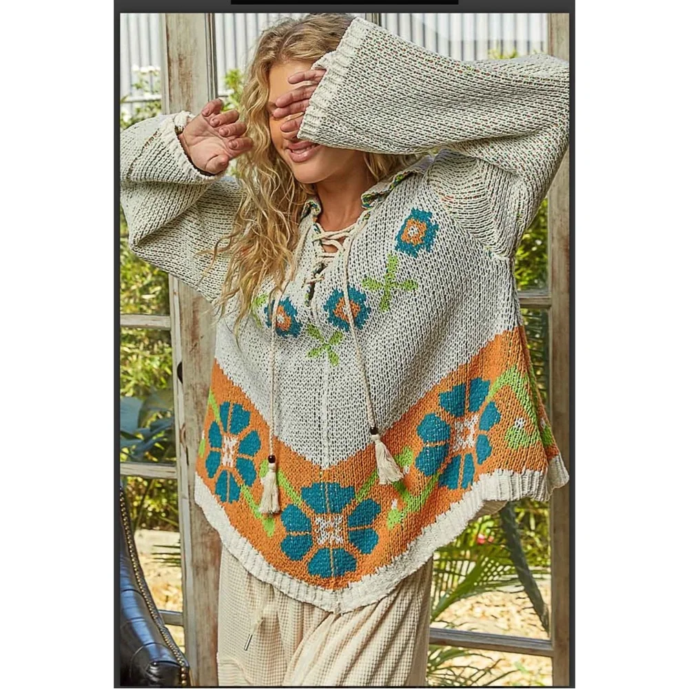 POL. Boho Tie Detail Floral Sweater - Picture 1 of 7